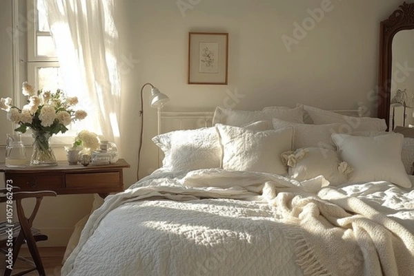 Fototapeta Cozy bedroom with natural light, woven decor, and soft textiles in a serene environment