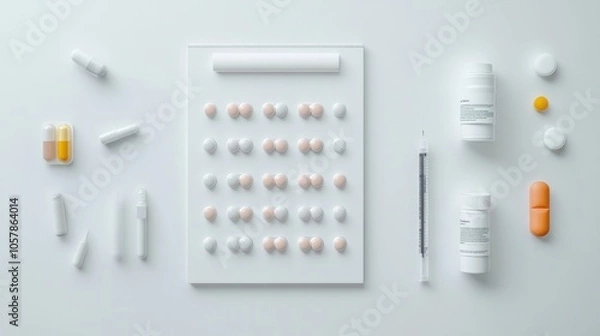 Obraz A collection of various pills and medical supplies arranged on a white background.