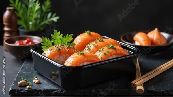 Fototapeta Delicious sushi platter featuring fresh salmon nigiri served on a black stone surface with garnishes and dipping sauces