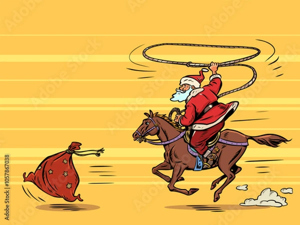 Fototapeta Last days of discounts on goods for New Year and Christmas. Buy gifts on marketplaces. Santa Claus tries to catch the running gift.