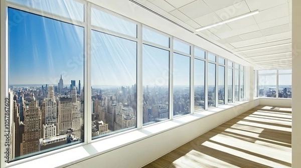 Fototapeta Modern Minimalistic Concrete Coworking Office room with Blank Walls, High Ceilings,and Mockup Frame