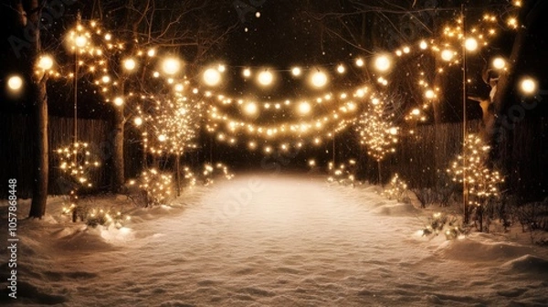 Fototapeta Snowy Night Pathway Illuminated String Lights