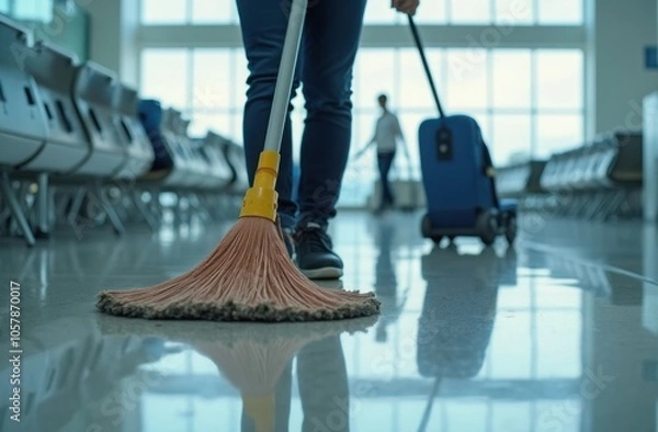 Fototapeta A janitor mops the smooth floor of a bright and busy airport terminal while a traveler pulls luggage in the background