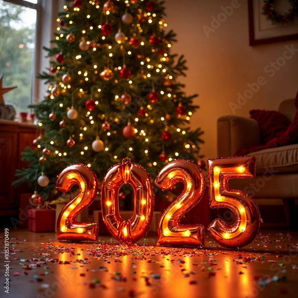Fototapeta Concept photo of Happy New Year 2025 and Merry Christmas with 2025 balloons and Christmas Tree, space for text