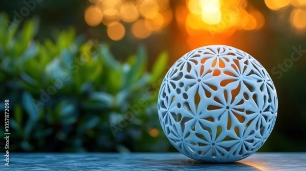 Fototapeta White decorative sphere with floral pattern on a stone surface in front of green foliage and blurred sunset.