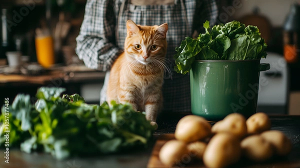 Fototapeta Curious Cat with Vegetables