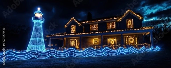 Fototapeta A coastal house with a nautical-themed Christmas lights display, featuring blue and white lights outlining the house, a glowing lighthouse figure in the yard