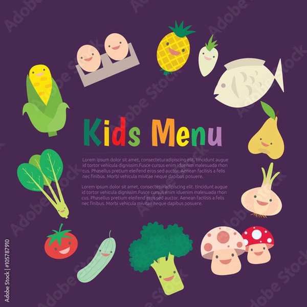 Fototapeta Cute colorful kids meal menu vector template