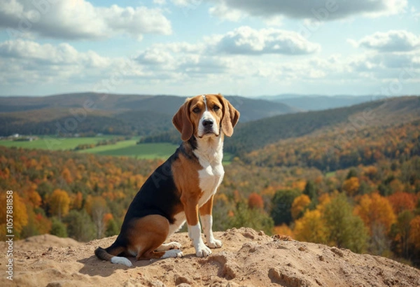 Fototapeta Beagle Dog Sitting on Hilltop With Scenic Autumn Background