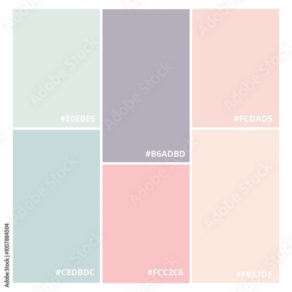Fototapeta Six color combinations, a collection of vector color palettes with hex codes, pastel delicate tone, fashion concept, brand layout. A guide to tone and color. Different color solutions.