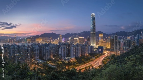 Fototapeta Animated light trails and the towering skyline of a futuristic city at night