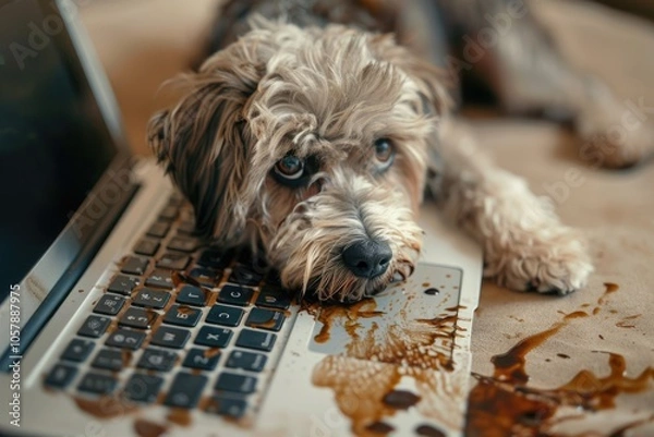 Fototapeta Dog spilled coffee on computer laptop keyboard. Damage property from pet