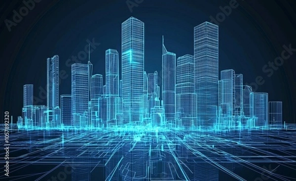Fototapeta An urban landscape with fluorescent, neon colors showing buildings on the city bay shore with illuminated futuristic architecture. Urban cyberpunk background.