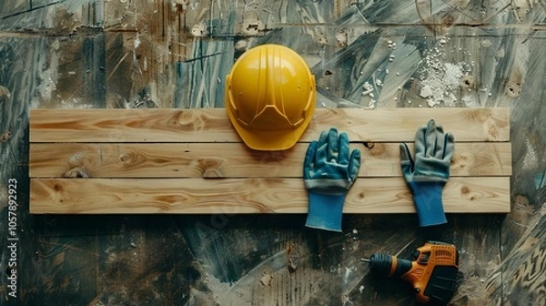 Fototapeta The concept of construction is represented by a wooden board, on which safety gloves and a building helmet are placed. 