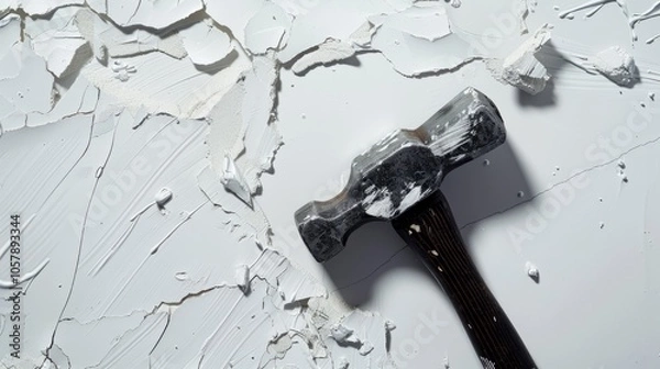 Fototapeta The hammer strikes down on the pristine white surface, leaving a mark of force and impact as it connects with a resoun