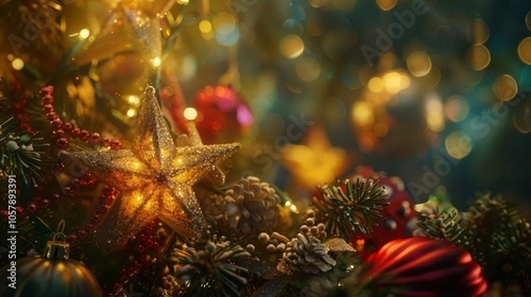 Fototapeta The holiday decorations feature sparkling stars, and the Christmas greeting card is adorned with festive imagery. 