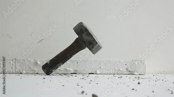 Fototapeta The hammer strikes down on the pristine white surface, leaving a mark of force and impact as it connects with a resounding t