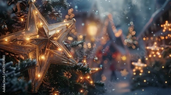 Fototapeta The holiday decorations feature sparkling stars, and the Christmas greeting card is adorned with festive imagery. 