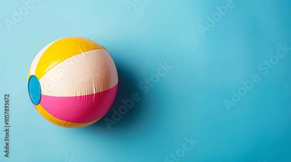 Obraz This is a high-quality, photo-realistic render of a beach ball on a blue background. The ball is yellow, pink, and white, and it is slightly deflated.