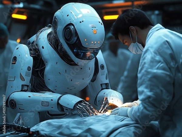 Fototapeta An advanced AI-powered robot assisting a doctor in a surgical procedure in a high-tech medical room