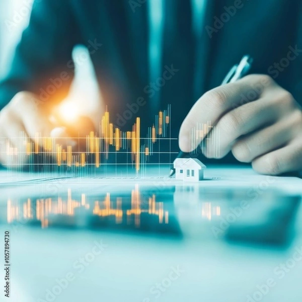 Fototapeta Investor reviewing property values with digital chart overlays
