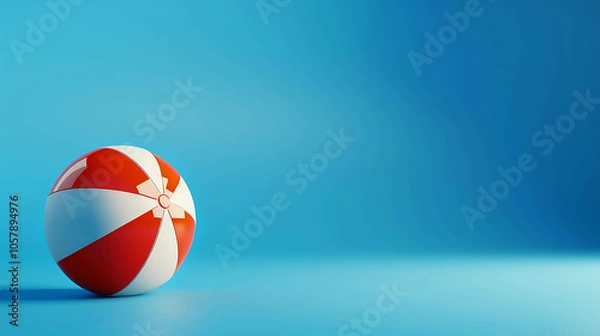 Obraz This is a 3D rendering of a red and white beach ball on a blue background. The ball is slightly deflated and sitting on a blue surface.