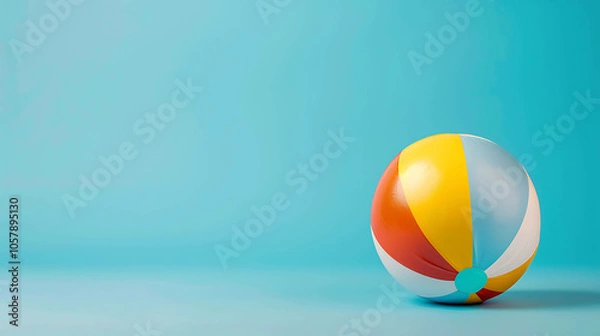 Obraz This is a 3D rendering of a beach ball on a blue background. The ball is yellow, red, and blue, and it is slightly deflated.