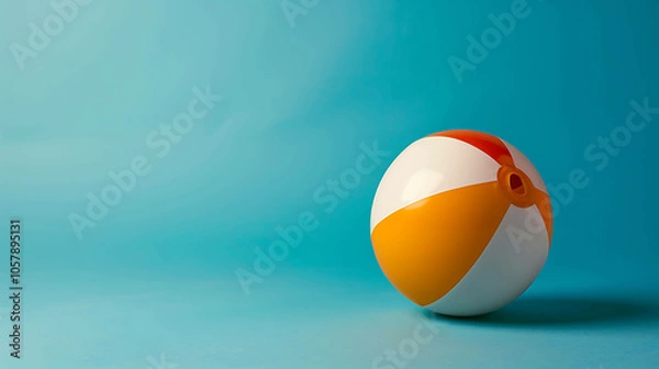 Obraz This is a 3D rendering of a beach ball on a blue background. The ball is orange and white, and it is slightly deflated.