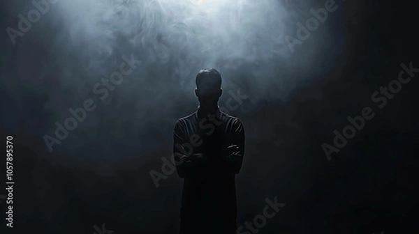 Fototapeta A mysterious man stands in the darkness, his face obscured by shadows. He is wearing a dark suit and has his arms crossed.