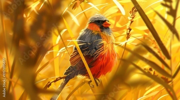 Fototapeta There is a bird with a beard that is quite comical, and it is surrounded by a background of yellow reeds.