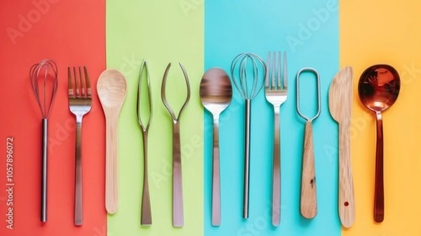 Fototapeta Wooden utensils paired with metal straws set against a vibrant colored background, embodying the idea of zero waste and sustainability. 