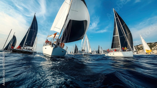 Fototapeta Dynamic view of multiple sailboats with colorful sails participating in a competitive sailing race on a clear day, with vibrant blue skies and ocean waves.
