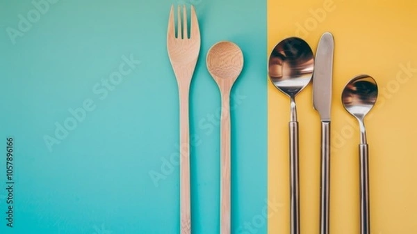 Fototapeta Wooden utensils paired with metal straws set against a vibrant colored background, embodying the idea of zero waste and sustainability.