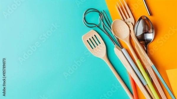 Fototapeta Wooden utensils paired with metal straws set against a vibrant colored background, embodying the idea of zero waste and sustainability.