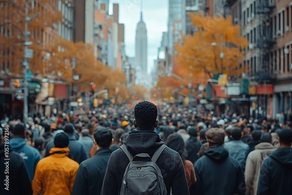 Fototapeta Anonymous Crowds on a Busy Downtown Street in Autumn