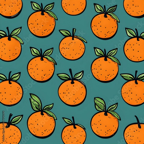Fototapeta Retro Cartoon-Style Oranges Pattern on Teal Background
