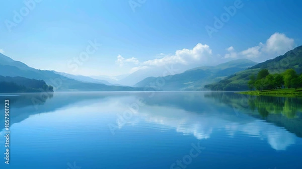 Fototapeta This is a beautiful landscape image of a mountain lake. The water is a deep blue color and the sky is clear with a few white clouds.