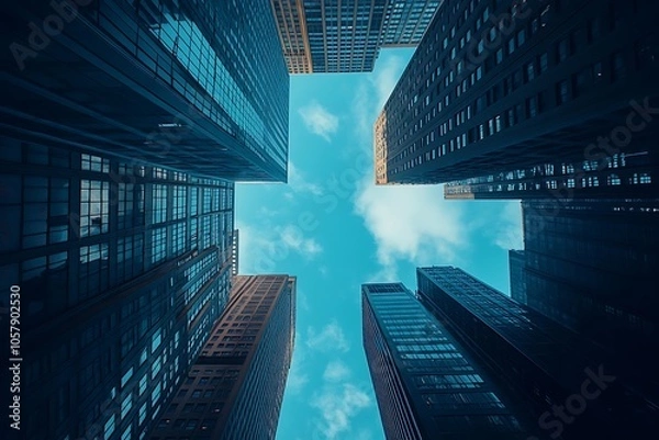 Fototapeta Cityscape View From Below, Towering Buildings Against Clouds