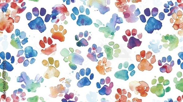 Fototapeta Colorful Watercolor Animal Paw Prints Pattern on White Background for Pet Lovers and Decor