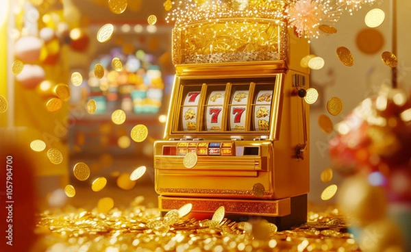 Obraz Vibrant scene of a slot machine displaying triple sevens with golden coins and confetti exploding around, symbolizing a jackpot win.

