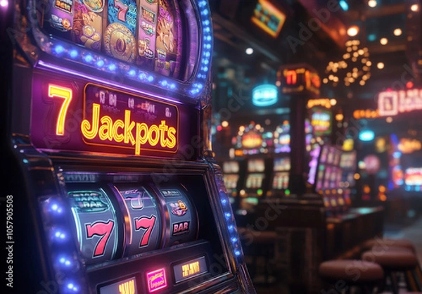 Obraz Close-up of a slot machine displaying triple sevens, indicating a jackpot win. Neon lights and casino ambiance in the background.

