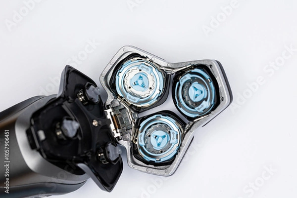 Fototapeta Beard  electric shaver on a white background. Inside view of the cutting blades . Photo taken in artificial light with clearly visible details of the shaver