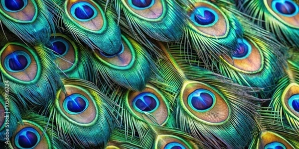 Fototapeta Ethereal Elegance Mesmerizing Macro View of Peacock Tail Feathers in Vibrant Colors, Intricate Patterns, and Depth of Field for Luxurious Designs and Nature Enthusiasts