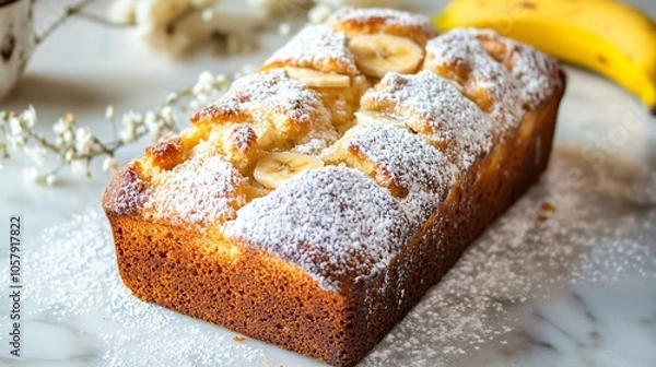 Fototapeta Golden banana bread with crisp edges on a light marble surface, surrounded by fresh bananas and a touch of powdered sugar