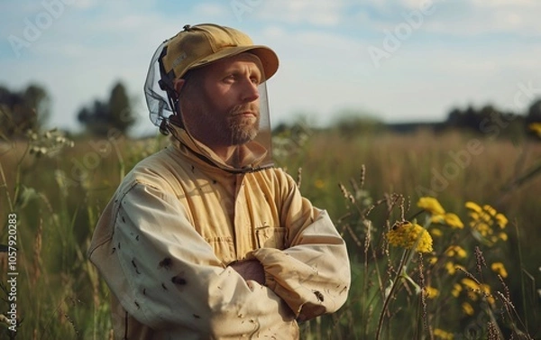 Obraz Portrait of a handsome beekeeper in a protective uniform