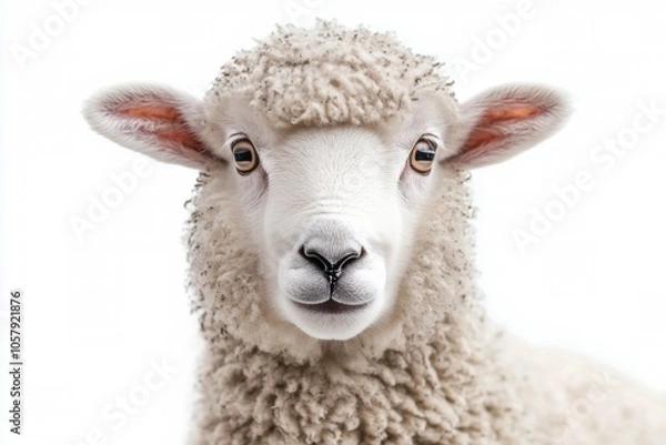Fototapeta A close up of a young lamb looking curiously at the camera against a plain background