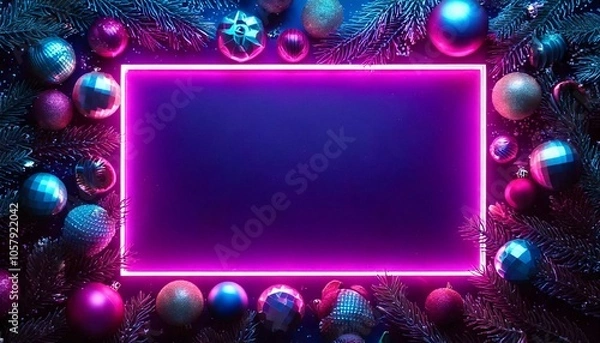 Fototapeta Synthwave Christmas Ornaments Frame - generative ai, üretken yapay zeka, 