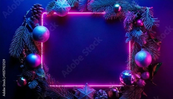 Fototapeta Synthwave Christmas Ornaments Frame - generative ai, üretken yapay zeka, 