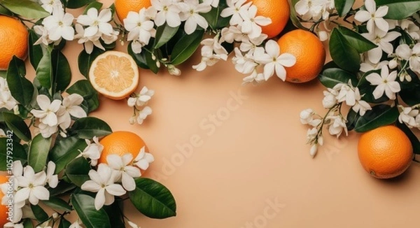 Fototapeta Organic Citrus and Jasmine Flowers Arrangement on Table Setting