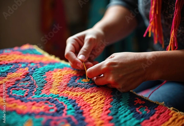 Fototapeta Close-up of hands creating vibrant geometric patterns in traditional textile using turquoise, red, and orange threads
